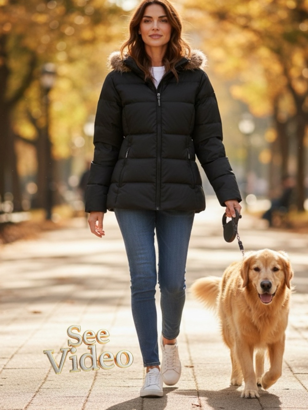 COLUMBIA Black Puffer Jacket with Faux Fur Hood Trim, High Neck